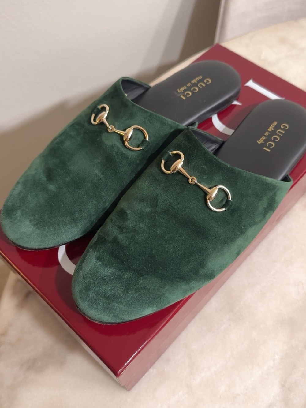 Gucci Dark Green Suede Horsebit Backless Mules